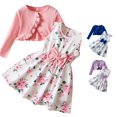 thumbnail image 1 of WERYOUNG Girls Outfits Floral Print Sleeveless Bow A Line Dresses Lightweight Long Sleeve Ribble Knit Ruffle Cardigan 2 Piece Sets Soft Clothes Sets 4-5 Years, 1 of 8