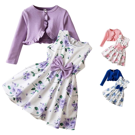 WERYOUNG Girls Outfits Floral Print Sleeveless Bow A Line Dresses Lightweight Long Sleeve Ribble Knit Ruffle Cardigan 2 Piece Sets Soft Clothing Sets 4-5 Years