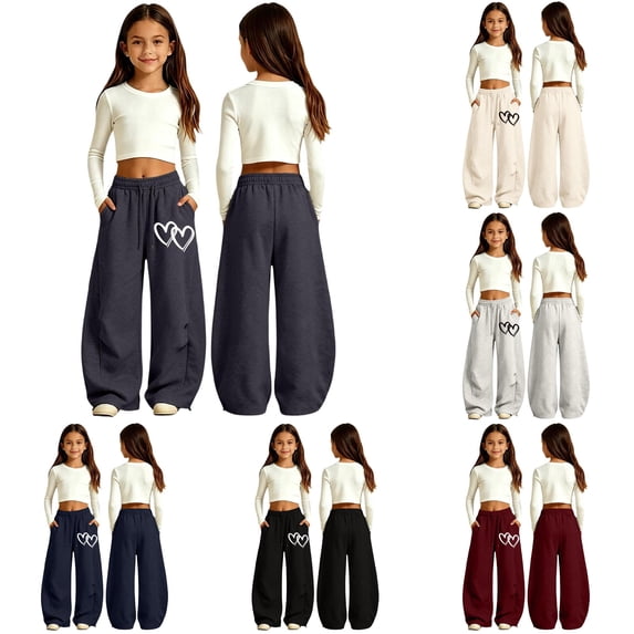 WERYOUNG Girls Relaxed Tapered Jogger Pants Fashion Heart Printed Curved Leg Trousers Loose Fit Stretchy Elastic Waist Pants For Kids Back To School Stylish Bottoms 6-7 Years