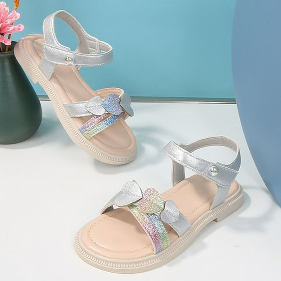 WERYOUNG Girls Sandals Summer Casual Fashion Open Toe Soft Sole Princess Shoes Newborn Cute School Beach Love Heart Sandal,Silver,4-4.5 Years