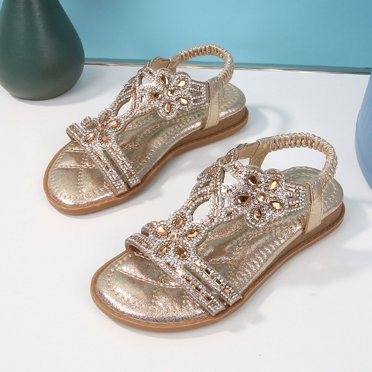 WERYOUNG Girls Sandals Summer Casual Sparkly Open Toe Rhinestone Slingback Flat Sole Princess Shoes Girls Stylish Beach Vacation Flower Sandal Gold 9