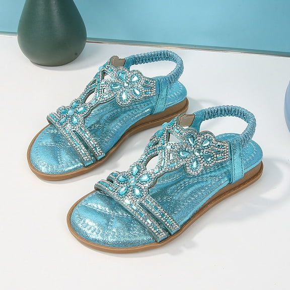 WERYOUNG Girls Sandals Summer Casual Sparkly Open Toe Rhinestone Slingback Flat Sole Princess Shoes Kids Stylish Beach Vacation Flower Sandal,Blue,3.5-4 Years