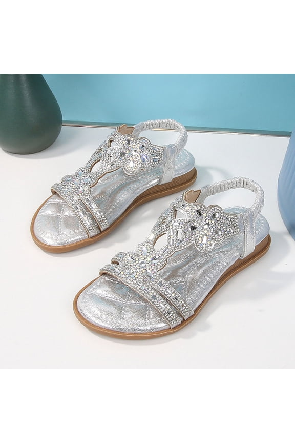 Girls Sandals Summer Casual Sparkly Open Toe Rhinestone Slingback Flat Sole Princess Shoes Kids Stylish Beach Vacation Flower Sandal,Silver,11-11.5 Years