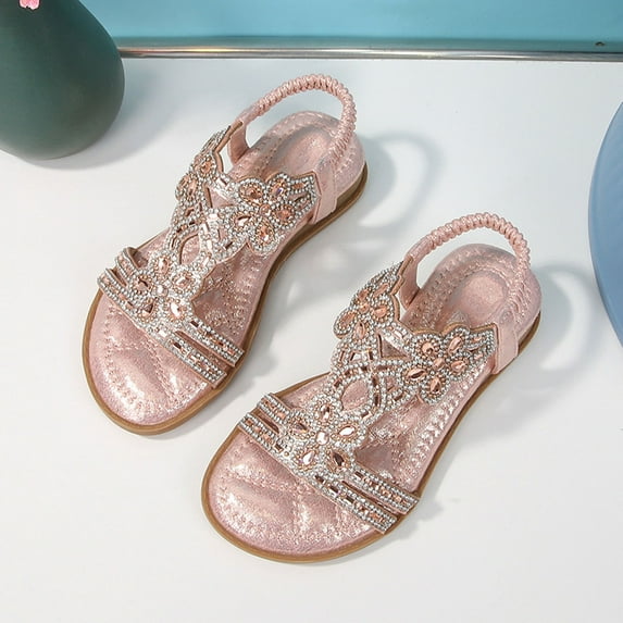 WERYOUNG Girls Sandals Summer Casual Sparkly Open Toe Rhinestone Slingback Flat Sole Princess Shoes Newborn Versatile Beach Vacation Flower Sandal,Pk1,11-11.5 Years
