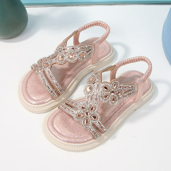 WERYOUNG Girls Sandals Summer Casual Sparkly Open Toe Rhinestone Slingback Soft Sole Bohemian Princess Shoes Girls Trendy Beach Vacation Flower Sandal,Red,6-7 Years