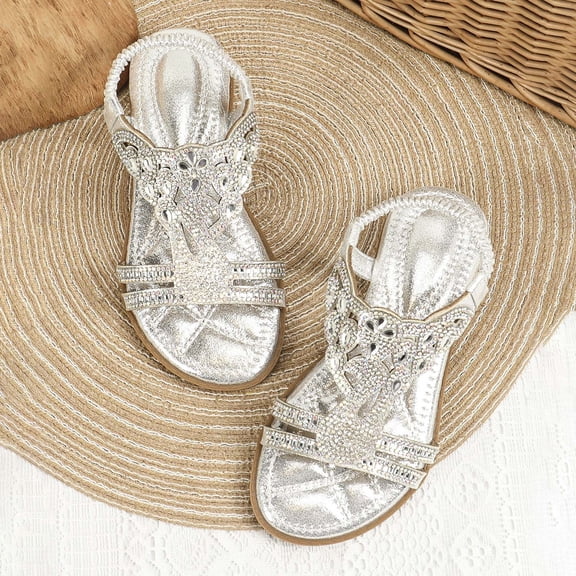 WERYOUNG Girls Sandals Summer Casual Sparkly Open Toe Rhinestone Slingback Soft Sole Bohemian Princess Shoes Kids Classic Beach Vacation Sandal,Silver,3.5-4 Years