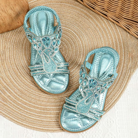 WERYOUNG Girls Sandals Summer Casual Sparkly Open Toe Rhinestone Slingback Soft Sole Bohemian Princess Shoes Toddler Cute Beach Vacation Sandal,Blue,3.5-4 Years