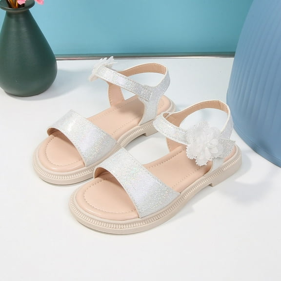 WERYOUNG Girls Sandals Summer Cute Sparkly Open Toe Soft Sole Princess Shoes Baby Cute Beach Vacation Flower Sandal,White,4-4.5 Years