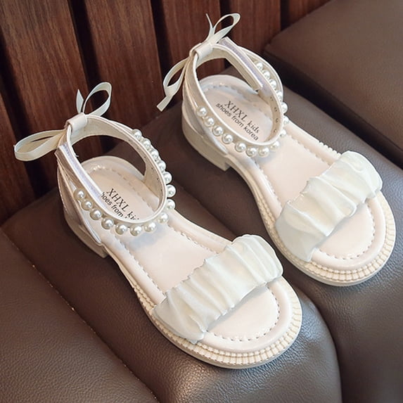 WERYOUNG Girls Sandals Summer Fashion Elegant Open Toe Soft Sole Princess Shoes Baby Versatile Party Beach Pearl Bow Sandal,Beige,10-10.5 Years