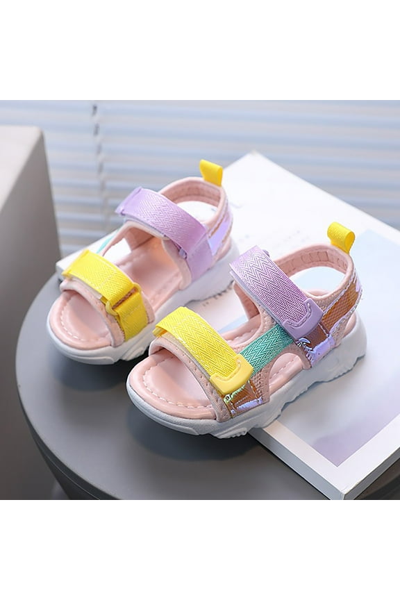 Girls Sandals Summer Fashion Non- Open Toe Adjustable Straps Rainbow Shoes Baby Casual Breathable Beach School Sandal,Pink,6-7 Years