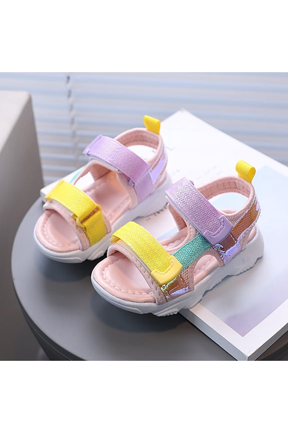 Girls Sandals Summer Fashion Non- Open Toe Adjustable Straps Rainbow Shoes Kids Casual Breathable Beach School Sandal,Pink,18-24 Months