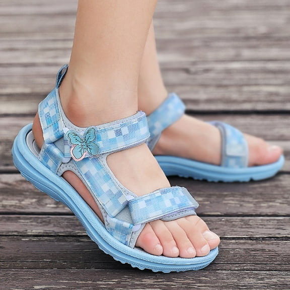 WERYOUNG Girls Sandals Summer Fashion Open Toe Soft Sole Shoes Kids Lovely Beach School Butterfly Sandal,Blue,11.5-12 Years