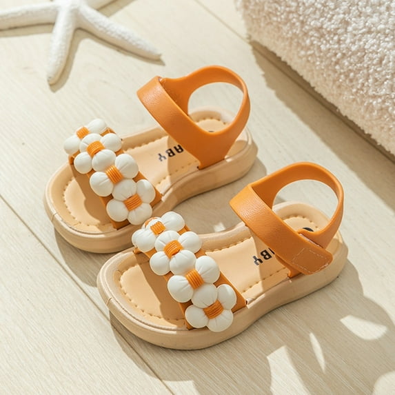 WERYOUNG Girls Sandals Summer Fashion Open Toe Thickened Soft Sole Princess Shoes Kids Lovely Beach Flower Sandal,Orange,4.5-5 Years