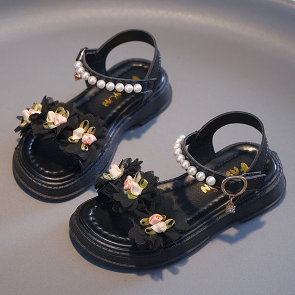 WERYOUNG Girls Sandals Summer Fashion Soft Sole Open Toe Pearl Flower Princess Shoes Baby Casual Party Beach Sandal,Black,4-4.5 Years