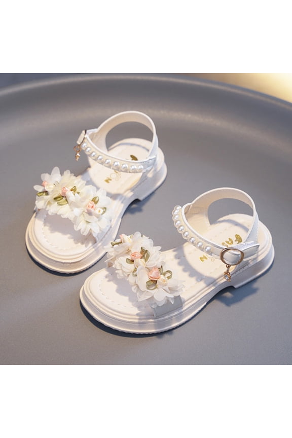 Girls Sandals Summer Fashion Soft Sole Open Toe Pearl Flower Princess Shoes Toddler Leisure Party Beach Sandal,Beige,8-9 Years