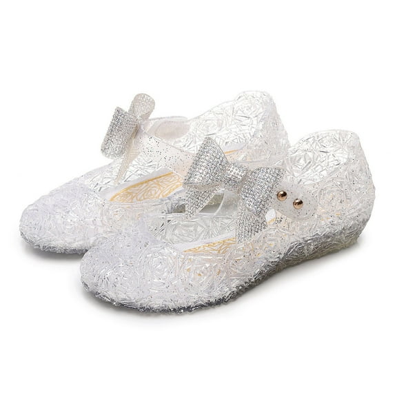 WERYOUNG Girls Sandals Summer Fashion Sparkly Bow Soft Sole Jelly Princess Shoes Girls Versatile Birthday Party Sandal,White,7-8 Years