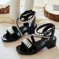 thumbnail image 1 of WERYOUNG Girls Sandals Summer Fashion Thick High Heel Open Toe Rhinestone Pearl Princess Shoes Newborn Stylish Party Wedding School Sandal,Black,3.5-4 Years, 1 of 5