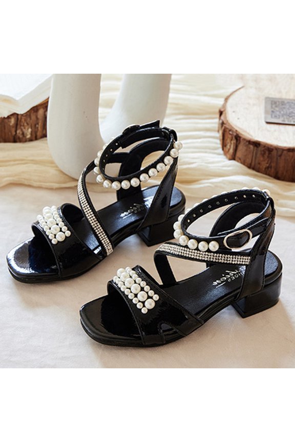 Girls Sandals Summer Fashion Thick High Heel Open Toe Rhinestone Pearl Princess Shoes Newborn Stylish Party Wedding School Sandal,Black,3.5-4 Years