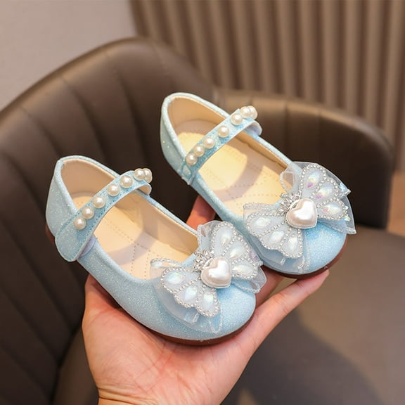 WERYOUNG Girls Sandals Summer New Fashion Cute Pearl Rhinestone Bow Flat Sole Princess Shoes Baby Versatile Party Wedding School Sandal,Blue,3-3.5 Years
