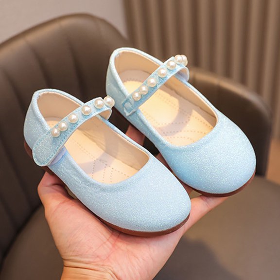 WERYOUNG Girls Sandals Summer New Fashion Cute Solid Color Pearl Flat Sole Princess Shoes Toddler Classic Beach School Sandal,Blue,2-2.5 Years