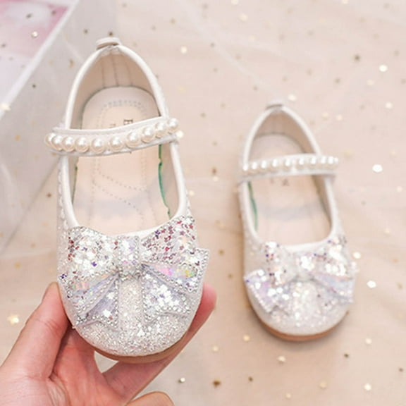 WERYOUNG Girls Sandals Summer New Fashion Versatile Pearl Bow Flat Sole Princess Shoes Girls Versatile Party School Sandal,White,9.5-10 Years