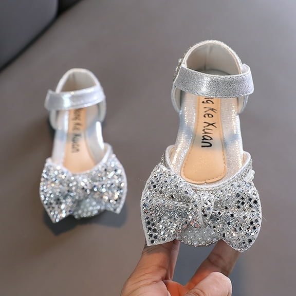 WERYOUNG Girls Sandals Summer Sparkly Sequins Bow Pearl Dance Performance Princess Shoes Classic Party Wedding School Sandal,Silver,18-24 Months