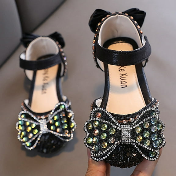 WERYOUNG Girls Sandals Summer Sparkly Sequins Rhinestone Bow Pearl Dance Performance Princess Shoes Kids Versatile Party Wedding School Sandal,Black,12-15 Months
