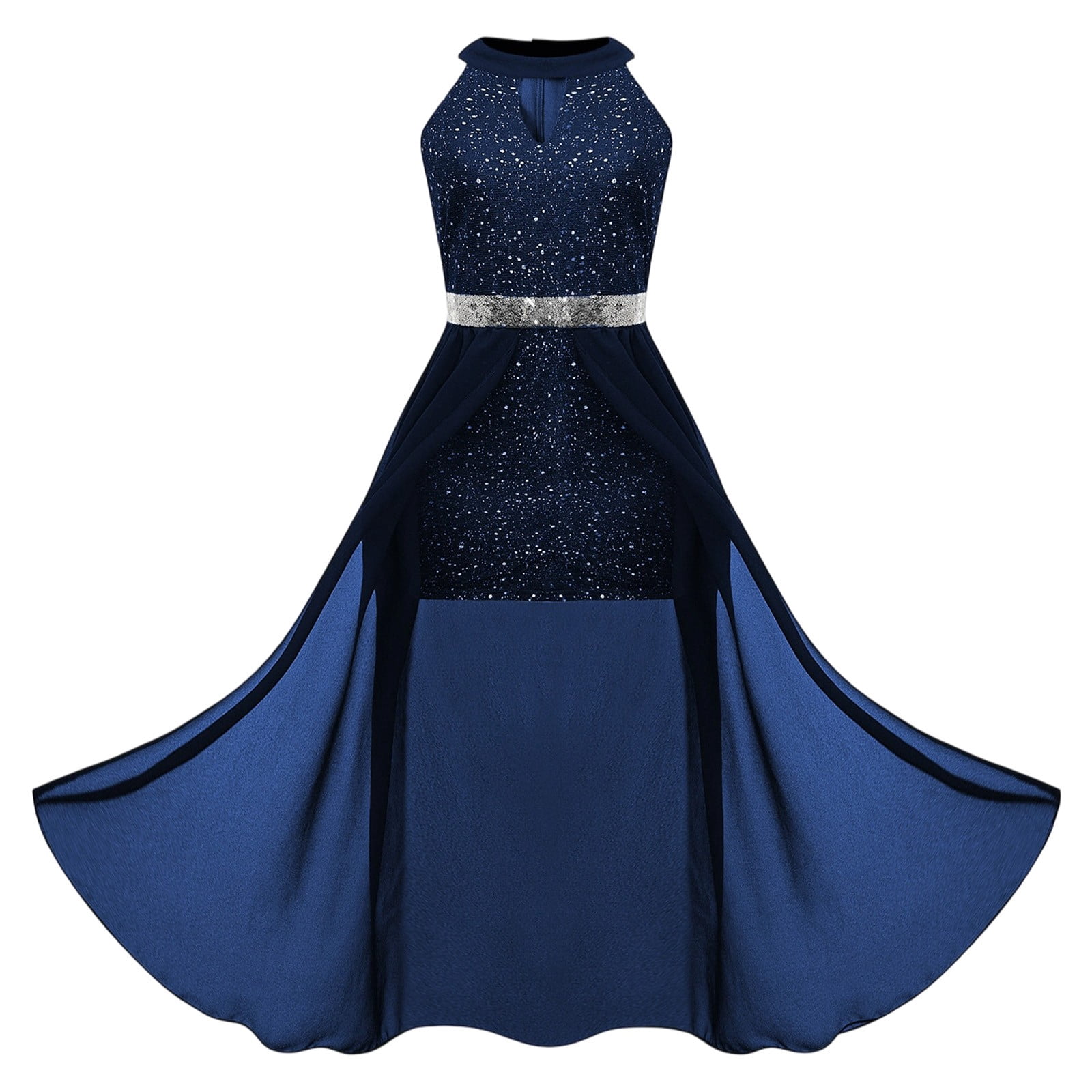 fancy dresses for young ladies Weryoung Girls Sequin Dress With High Waist And Elegant Neckline Long Party Dress Girls Versatile Sundress 14-15 Years, Girl's, Blue Size Bust Waist cm
