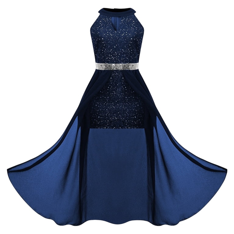 Weryoung Girls Sequin Dress With High Waist And Elegant Neckline Long Party Dress For Young Girls Versatile Sundress 14-15 Years, Girl's, Blue