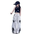 thumbnail image 1 of WERYOUNG Girls Streetwear Cargo Pants Summer Fashion Bow Zipper Trim Stretch Elastic Empire Waist Drawstring Straight Wide Leg Pants With Pockets Baby Versatile Athletic Pants,Light Gray,10-11 Years, 1 of 4