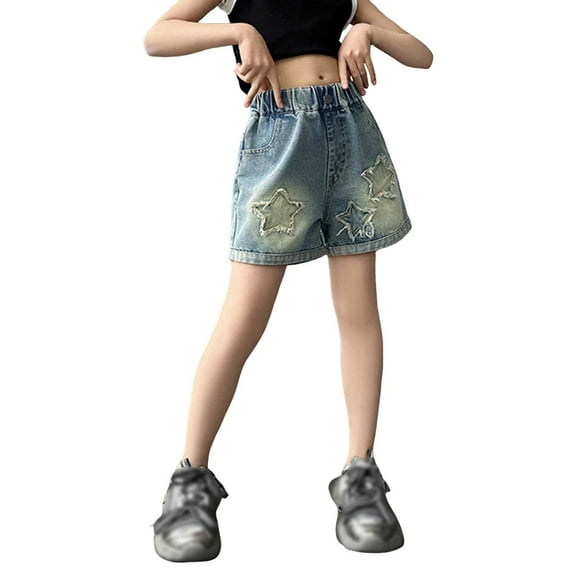 WERYOUNG Girls Streetwear Jeans Pants Summer Casual Comfortable Stretch Elastic Waist Star Shorts With Pockets Newborn Leisure Daily Wear Pants,Blue,12-13 Years
