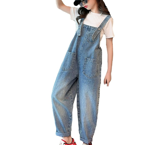 WERYOUNG Girls Streetwear Jeans Pants Summer Fashion Personality Adjustable Strap Stretch Elastic Waist Straight Wide Leg Pants With Pockets Toddler Soft Outdoor Wear Pants,Sky Blue,12-13 Years