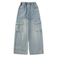 thumbnail image 1 of WERYOUNG Girls Streetwear Jeans Pants Summer Stylish Stretch Elastic Waist Straight Wide Leg Pants With Pockets Girls Classic Outdoor Wear Pants,Blue,13-15 Years, 1 of 6