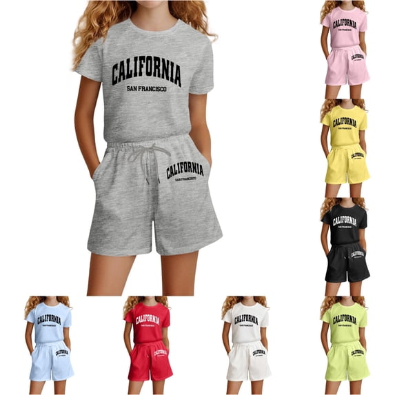 WERYOUNG Girls Summer Matching Short Sets Short Sleeve Letter Printed Tees Drawstring Pocket Shorts Kids Casual Daily Outfit Comfortable Clothing Sets 9-10 Years