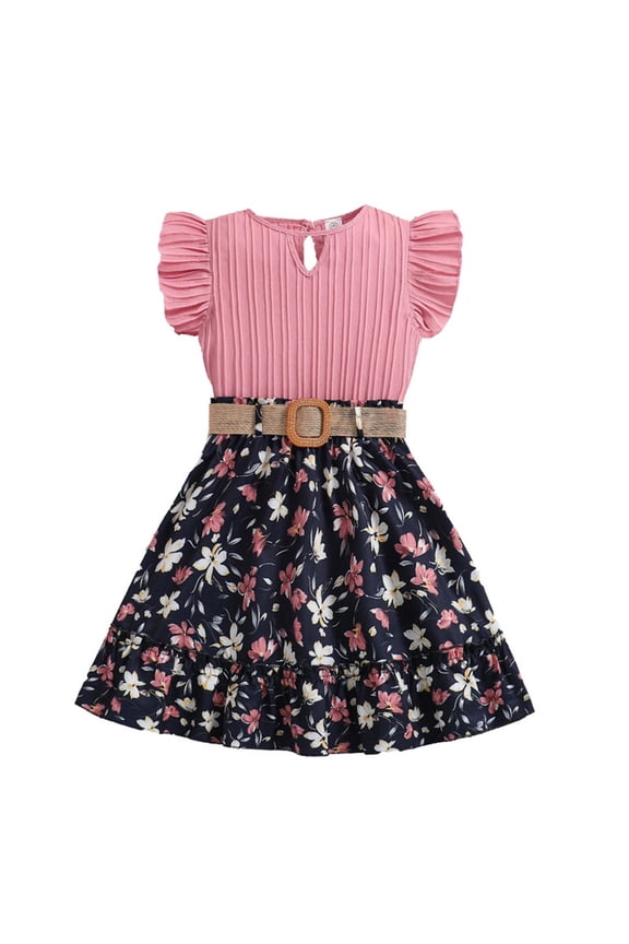 Girls Summer Outfits Childrens Flutter Sleeve Ribbed Top Floral Printed Half Skirt Two Piece Sets Outdoor Activities Versatile Clothes Sets 7-8 Years