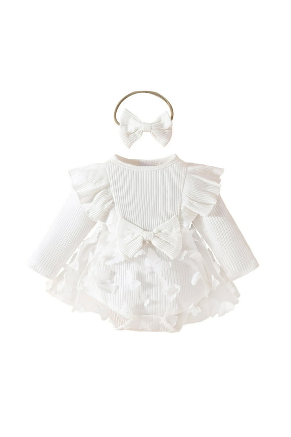 Girls Summer Sweet Ruffled Long Sleeve Butterfly Appliques Mesh Bow Ribbed Dress Bodysuit With Headband Toddler Classic Birthday Party Onesie,White,0-3 Months