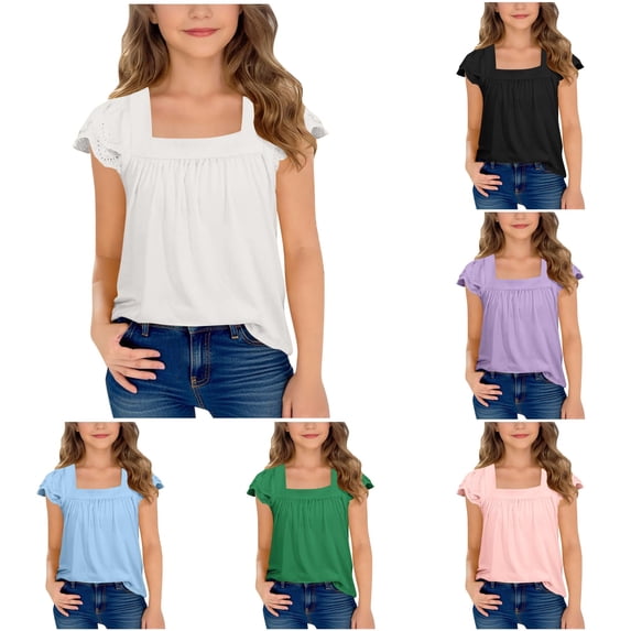WERYOUNG Girls Summer T Shirts Casual Flutter Sleeve Square Collar Tees Elegant Solid Color T-Shirts For Kids Comfortable Tops 9-10 Years