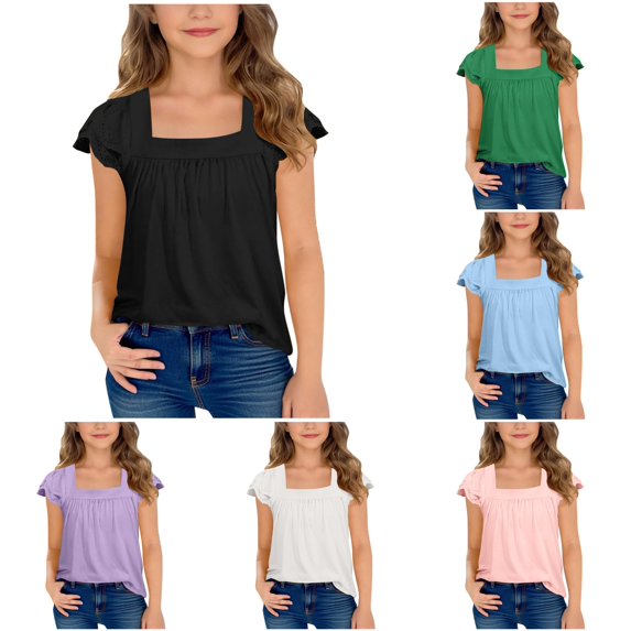 WERYOUNG Girls Summer T Shirts Casual Flutter Sleeve Square Collar Tees Elegant Solid Color T-Shirts For Kids Soft Tops 5-6 Years