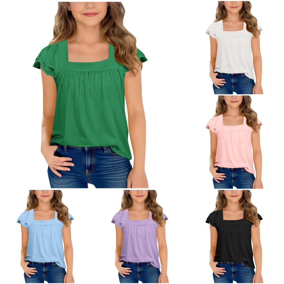 WERYOUNG Girls Summer T Shirts Casual Flutter Sleeve Square Collar Tees Elegant Solid Color T-Shirts For Kids Trendy Tops 12-13 Years