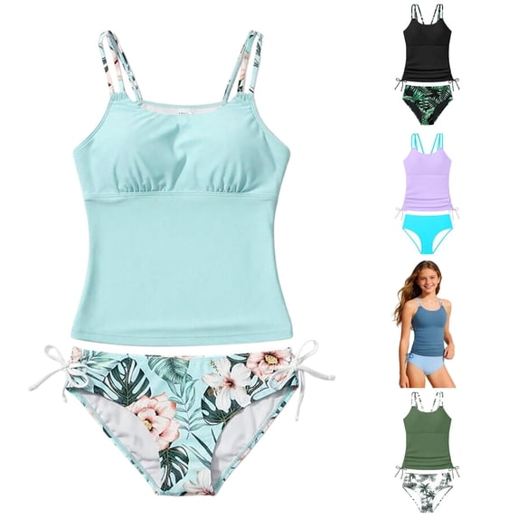 WERYOUNG Girls Swimsuit Sets For Girls Split Bikini Tropical Printed Tankini With Shorts Cute Two Piece Swimwear Beach Pool Party Stylish Swim Wear 15-16 Years