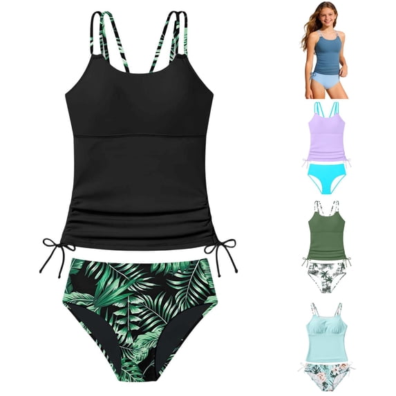 WERYOUNG Girls Swimsuit Sets For Girls Split Bikini Tropical Printed Tankini With Shorts Cute Two Piece Swimwear Water Activities Soft Swim Wear 9-10 Years