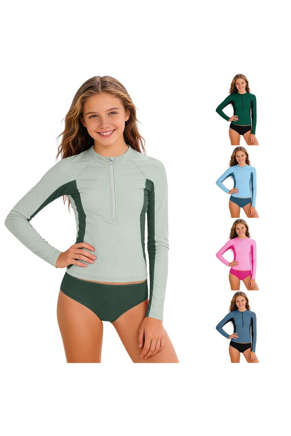 Girls Swimsuit Sets For Little Girls Long Sleeve Rash Guard Shirt With Triangle Bikini Bottom 2 Piece Swimwear For Kids Outdoor Pools Soft Bathing Suit 15-16 Years