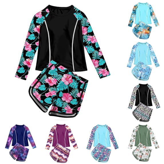 WERYOUNG Girls Swimsuit Sets Long Sleeve Leopard Rash Guard Shirts And Shorts 2 Piece Swimwear Surfing Swimming Soft Swim Wear 5-6 Years