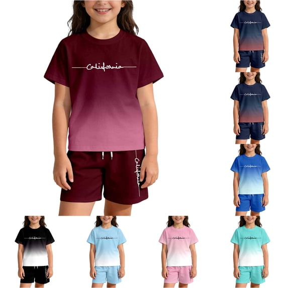 WERYOUNG Gradient Letter Print Summer Outfits For Kids Boys Girls Short Sleeve Crewneck Tops And Shorts Casual Two Piece Workout Sets Comfortable Clothes Sets 5-6 Years