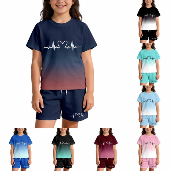 WERYOUNG Gradient Letter Print Summer Outfits For Kids Boys Girls Short Sleeve Crewneck Tops And Shorts Casual Two Piece Workout Sets Soft Clothes Sets 5-6 Years