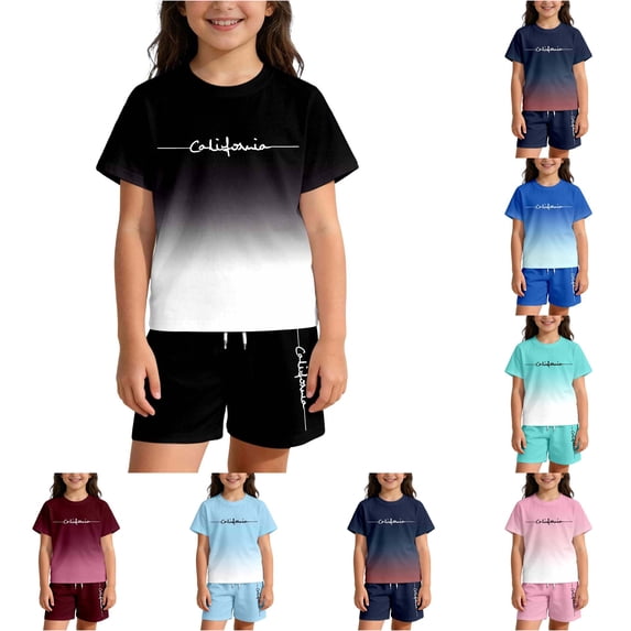 WERYOUNG Gradient Letter Print Summer Outfits For Kids Boys Girls Short Sleeve Crewneck Tops And Shorts Casual Two Piece Workout Sets Versatile Clothing Sets 2-3 Years