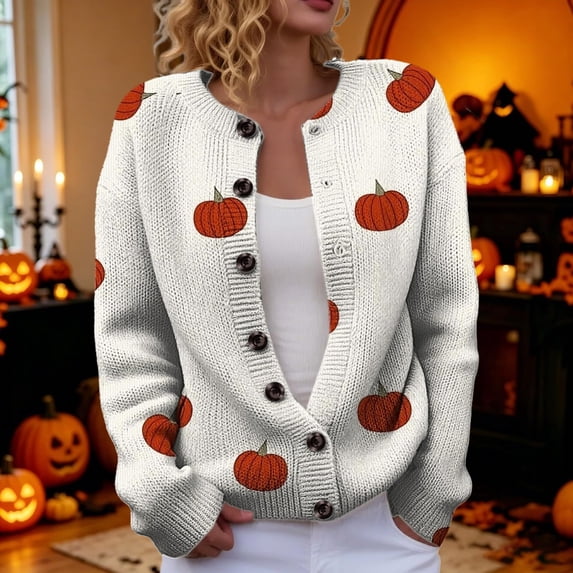 WERYOUNG Halloween Cardigan Sweaters For Women Pumpkin Print Long Sleeve Button Down Sweater Daily Wear Loose Fit Fall Tops For Women,Size L