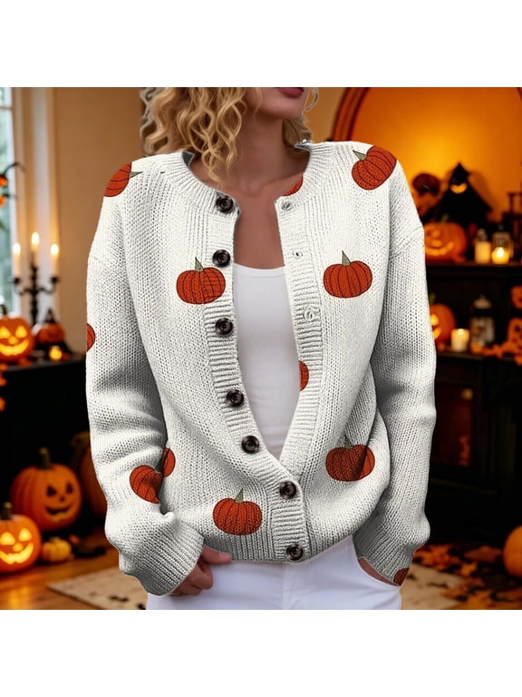 Halloween Cardigan Sweaters For Women Pumpkin Print Long Sleeve Button Down Sweater Daily Wear Loose Fit Fall Tops For Women,Size L
