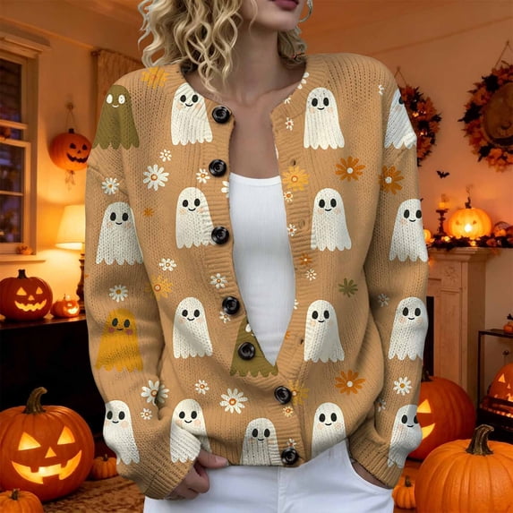 WERYOUNG Halloween Cardigan Sweaters For Women Pumpkin Printed Long Sleeve Button Down Sweater Holiday Party Comfortable Fall Clothes For Women,Size XXL