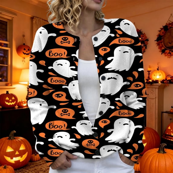 WERYOUNG Halloween Cardigan Sweaters For Women Pumpkin Skeleton Print Long Sleeve Button Down Sweater Daily Wear Relaxed Fit Fall Tops For Women,Size L
